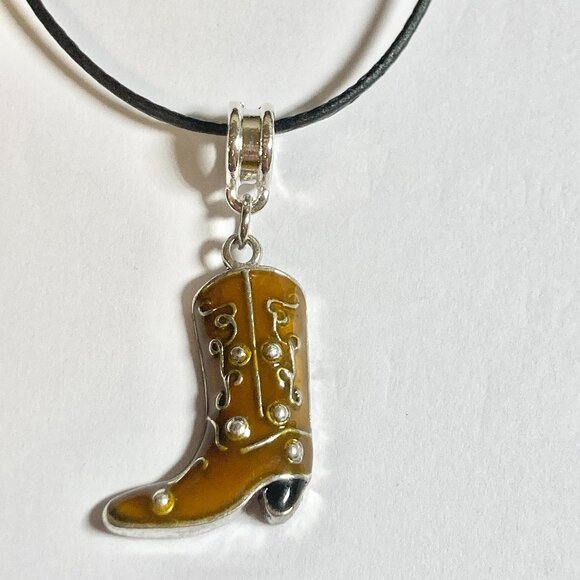 Cowboy Boot Necklace Cowgirl Brown Enamel Country Western Black Cord 16-18" - Picture 3 of 9